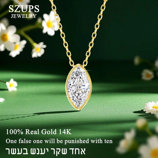 100% 14K Gold Marquise Cut Moissanite Pendant Necklace for Women Wedding Solitaire Choker Minimalist Luxury Collarbone Chain