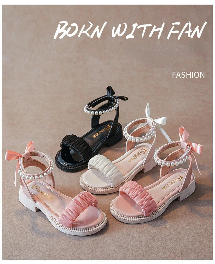 Children's Sandals Summer Elegant Girl Princess Dress Bowtie Sandals Fashion Beading Ankle Strap Kids Causal Sweet Roman Sandals