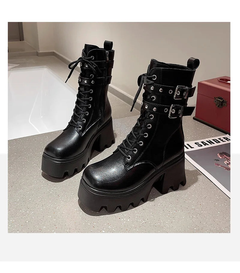 Trend Punk Women's Boots Buckle Platform Boots Mid-calf Gothic Boots for Women Autumn Ladies Motorcycle Boot Pu Leather Shoes