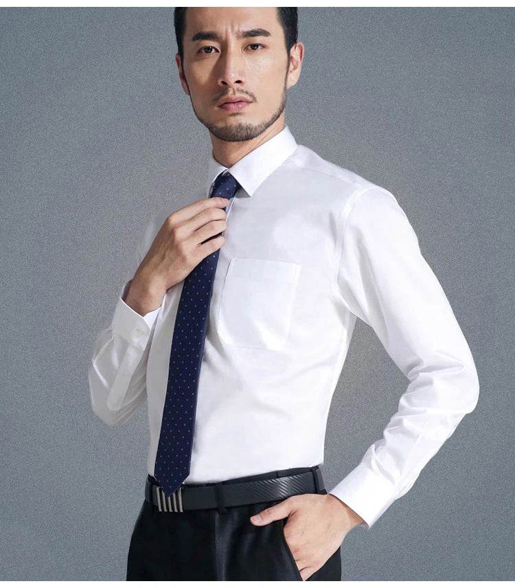 Men's Non Iron Standard-fit Solid Basic Dress Shirt Formal Business Premium 100% Cotton Male Long Sleeve Work Office Shirts - AIAZ