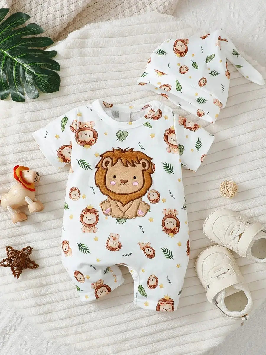 New Baby Boy Casual Cute Cartoon Lion Pattern Round Neck Short Sleeve Hoodie with Shoulder Buckle, Shorts, And Hat