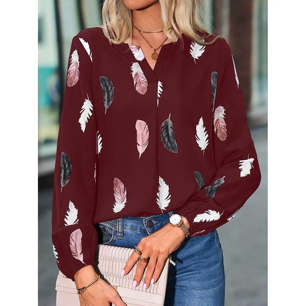 Fashion Woman Blouse Shirts For Women Stylish Top long Sleeve Feather Pattern Female Tops Elegant Chiffon Mujer Woman Clothes - AIAZ