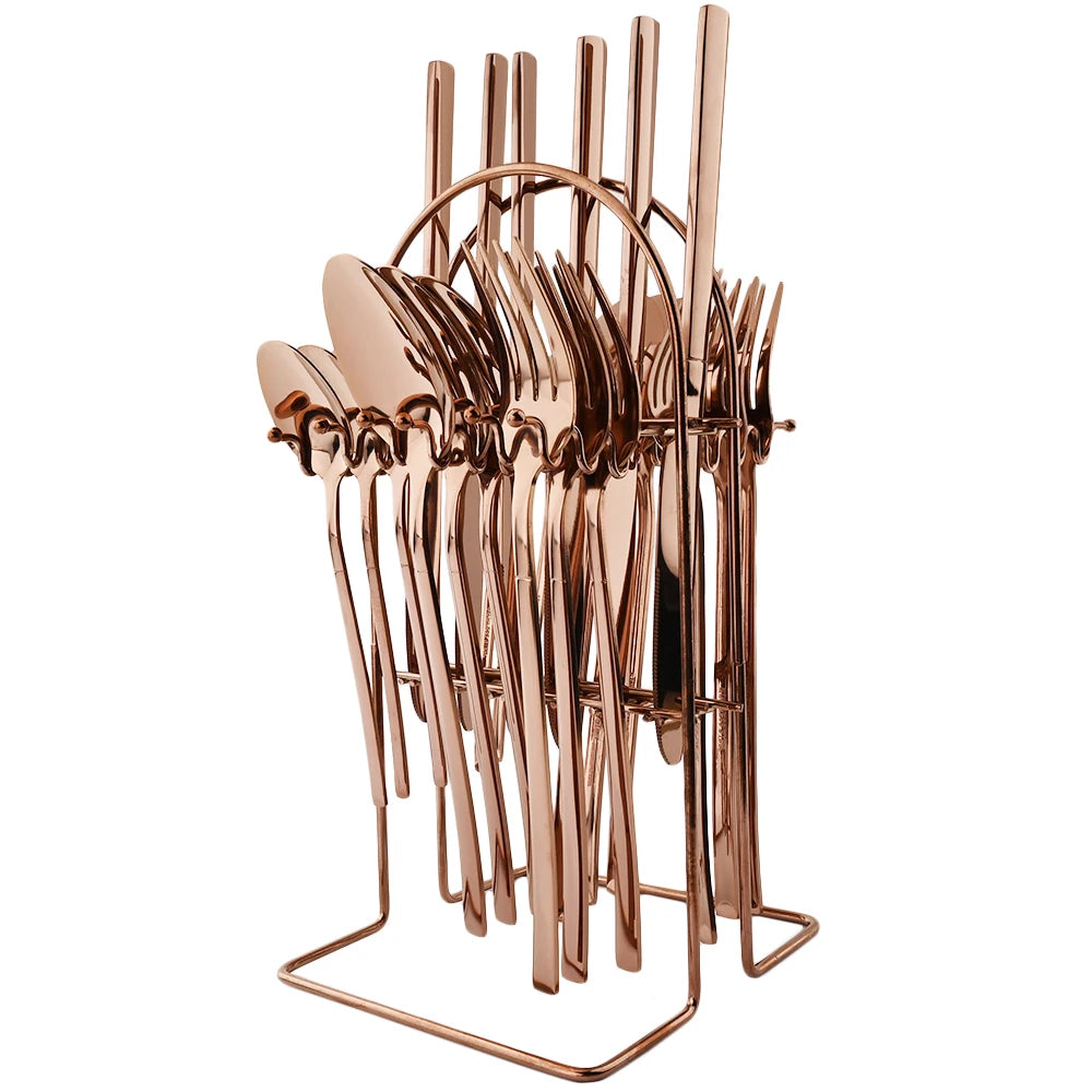 24pcs Knife Fork Spoon Dinnerware Set Rose Gold Tableware Stainless Steel Flatware Kitchen Cutlery Set with Luxury Storage Rack