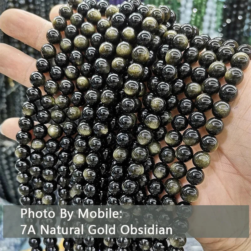 Natural Stone Golden Black Obsidian Bead Shinny Round Loose Gemstone Bead for Jewelry Making Diy Bracelet Necklace Accessory 15"