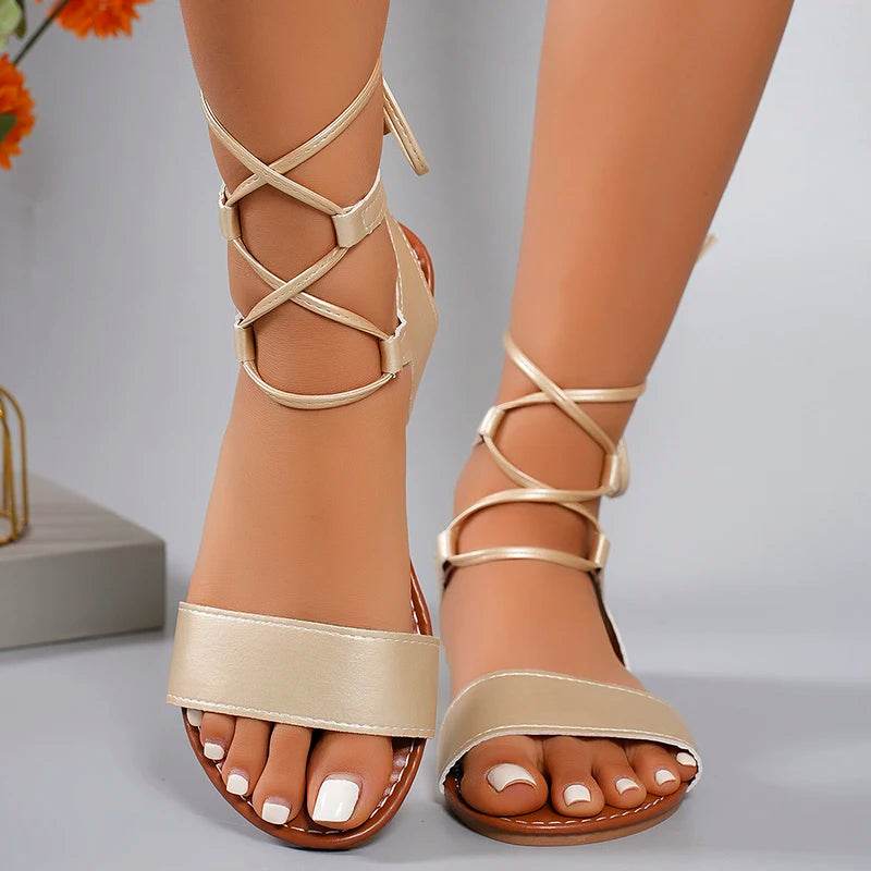 Ankle Lace Up Soft Bottom Women Sandals Summer Fashion Gold Falt Low Platform Sandles Non-slip Large Size 43 Sandalias - AIAZ