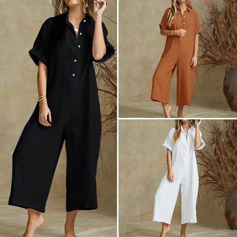 Summer Casual Workwear Jumpsuit Cotton And Linen Women's Trousers Spring Summer Elegant Office Lady Loose Simple Jumpsuits - AIAZ
