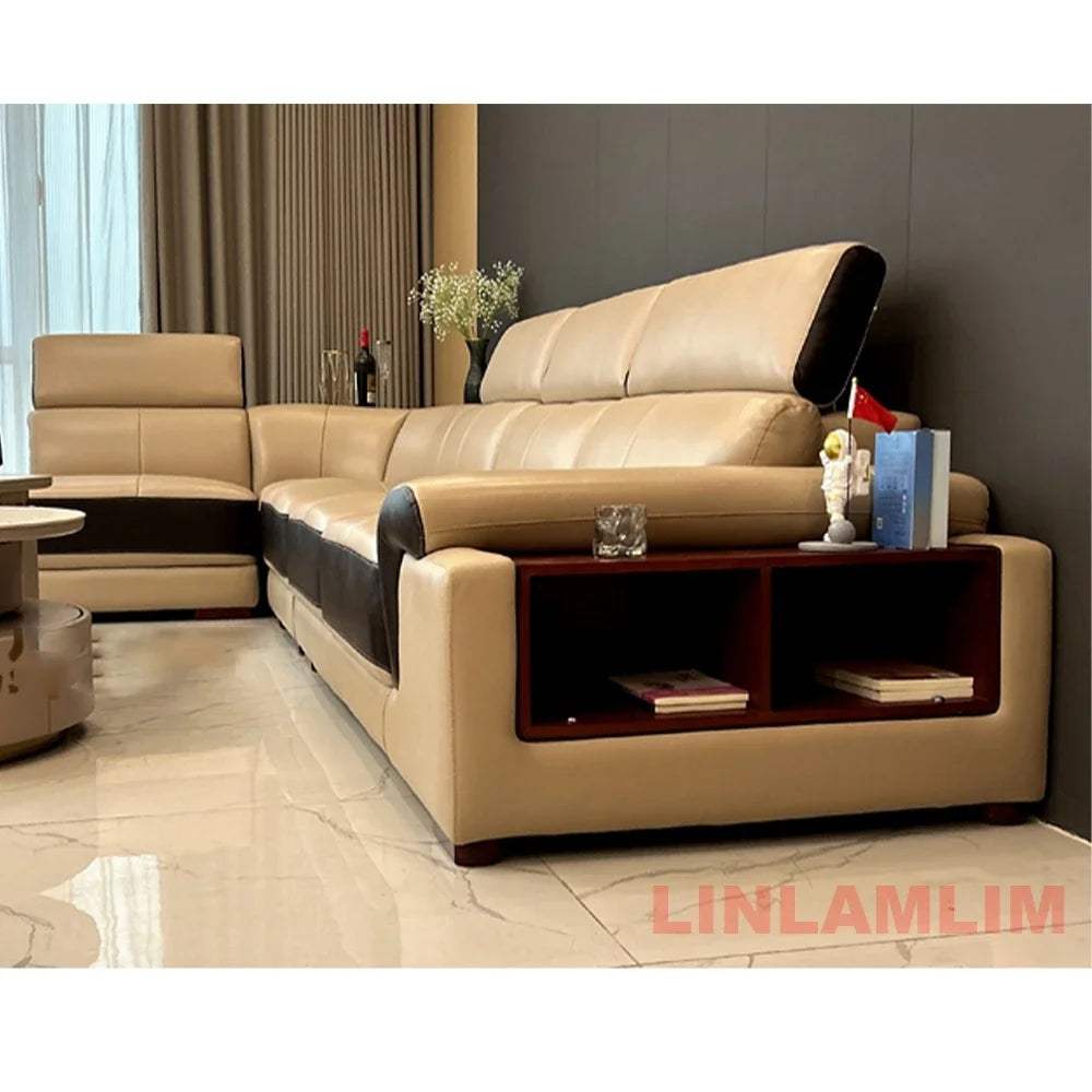 MINGDIBAO Modern Minimalist Genuine Leather Sectional Sofa with Console, Storage and Speaker Italian Leather Living Room Couch