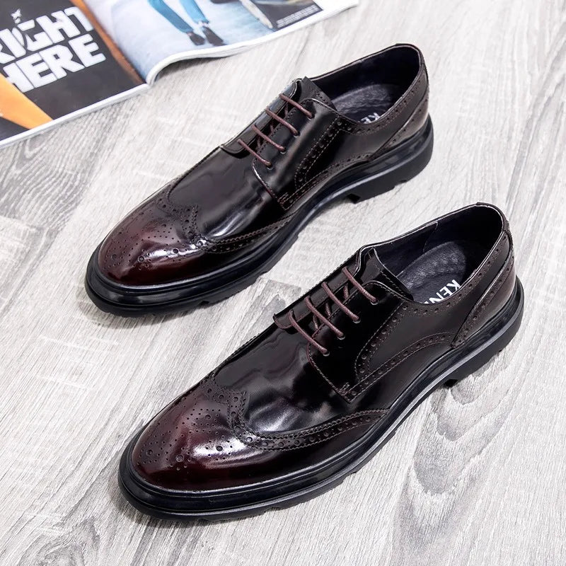 Mens Leather Dress Shoes Brogue Design Business Casual Shoes Spring Fashion Thick Sole Oxfords