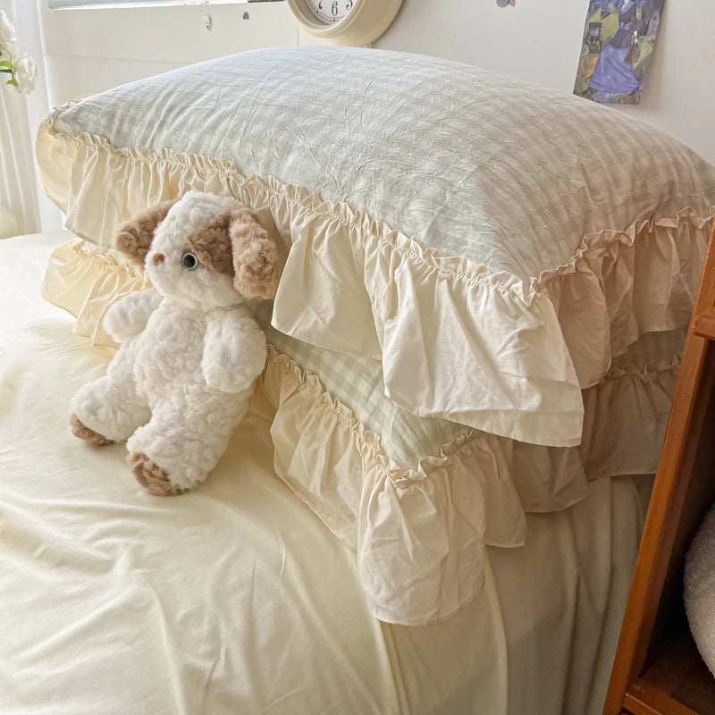 Korean Princess Style Bedding Set Soft Skin-friendly Lattice Lace Ruffles Quilt Cover Plaid Style Duvet Covers Set Pillowcases