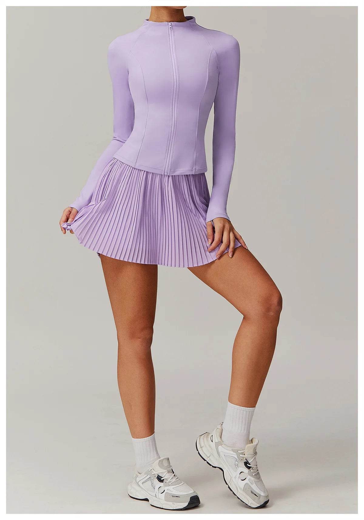 Yoga Sets Workout Sets for Women 2 Pieces Gym Suits Long Sleeved Outfits Zipper Fitness Jacket Running Short Skirt Sportswear - AIAZ