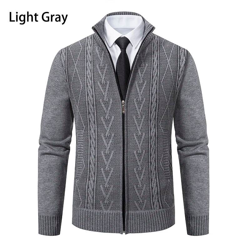 Thickened jacket men's autumn and winter warm trend line stand collar knitted cardigan sweater coat - AIAZ