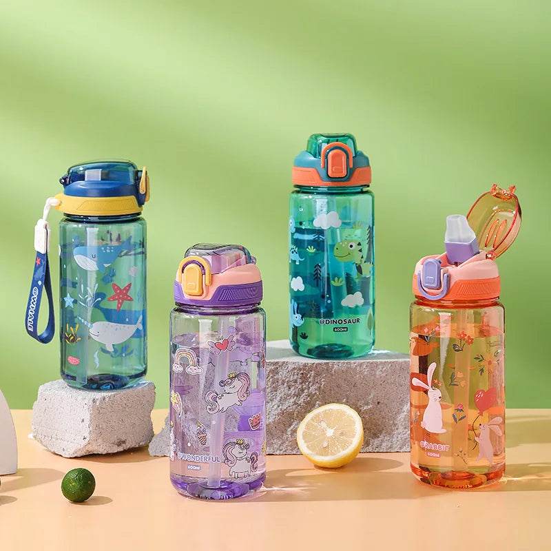 600ml Cartoon Animal Water Bottle Portable Safety Lock Cute Straw Cup Kids Leak-proof Drinking Jug For Outdoor Camping Travel - AIAZ