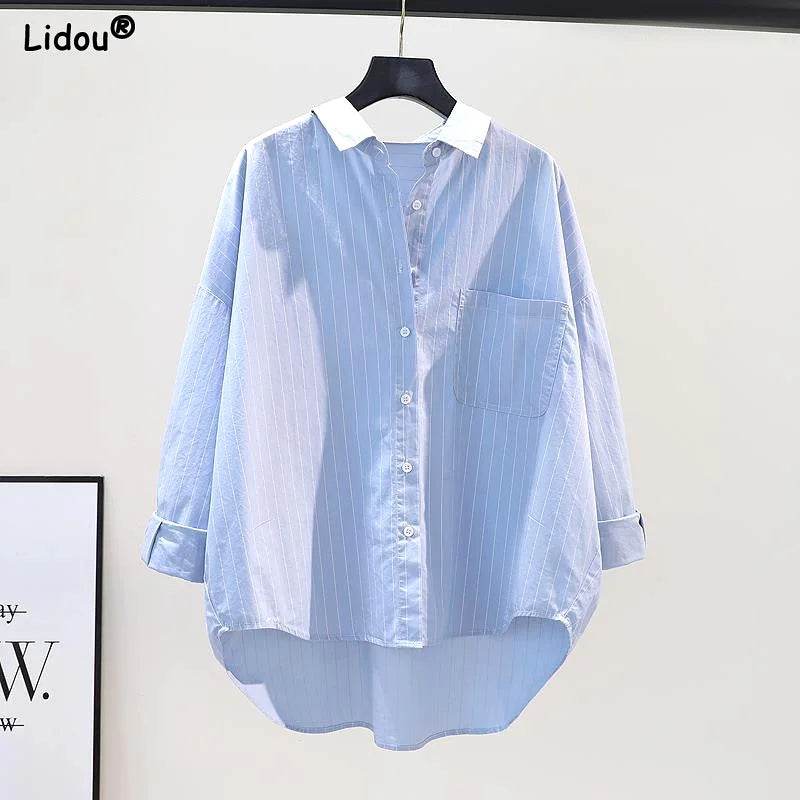 Women's Clothing 2023 Striped Simplicity Fashion Casual Spring Summer Thin Pockets Turn-down Collar Button Loose Formal Blouses - AIAZ