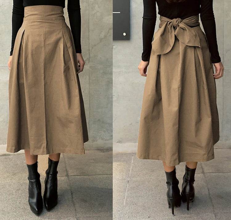 Skirts Womens Korean Fashion Solid Color Big Swing Ladies Skirt Long Skirt 2025 Autumn Wild High Waist Bow Slim Skirts - AIAZ