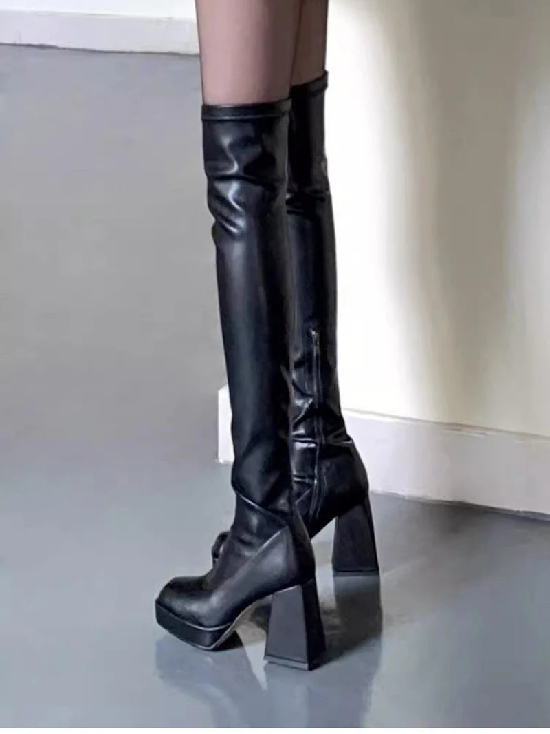 Autumn Winter Street Style Stretch Over The Knee Boots Women Fashion Round Toe Square Platform Heels Long Booties