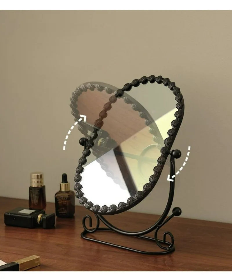 Light Luxury Wrought Iron Vertical Mirror Rotatable Retro Makeup Mirror Bedroom Vanity Mirror Desktop Ornament Photo Props