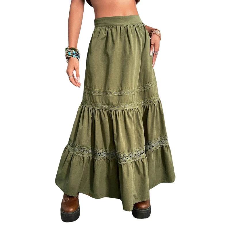 Skirts For Woman Green Pleated Skirts Korean Fashion Holiday Boho Waist Long Skirts Retro Y2K Fairycore Cute Lace Trim Clothes - AIAZ