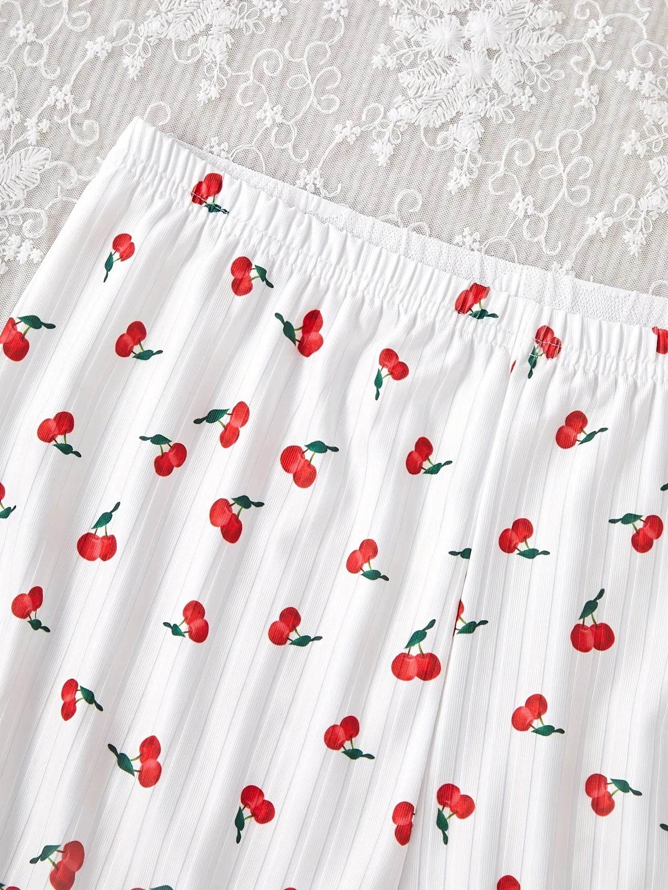 Women's Pajamas Set V-Neck Sleeveless Camisole Vest Cherry Printed Knitted Splicing Mesh Pants Sexy Home Pijama 2 Piece Woman - AIAZ