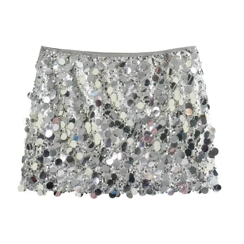 Silver Sequin Skirt Woman High Waist Mini Skirt Woman Fashion Shiny Glitter Elegant Short Skirts For Women Y2k Skirts - AIAZ