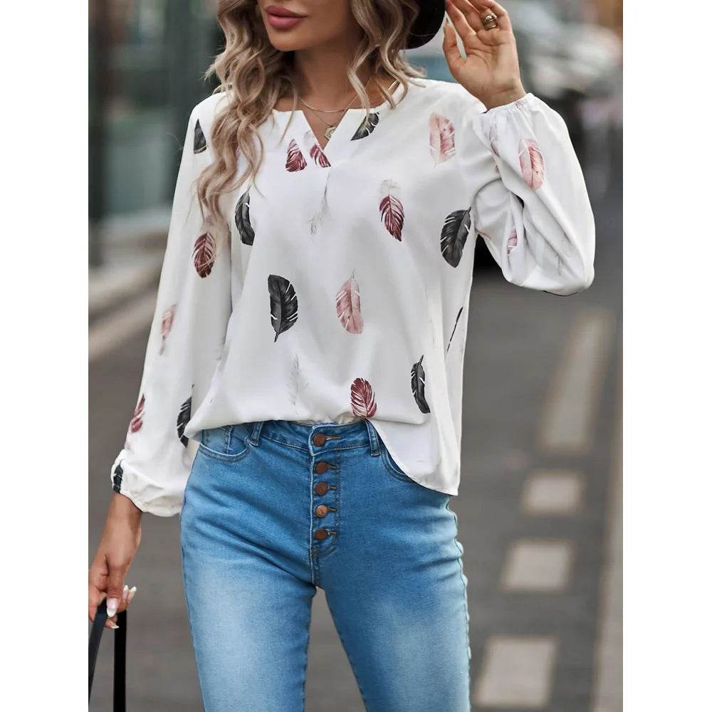 Fashion Woman Blouse Shirts For Women Stylish Top long Sleeve Feather Pattern Female Tops Elegant Chiffon Mujer Woman Clothes - AIAZ