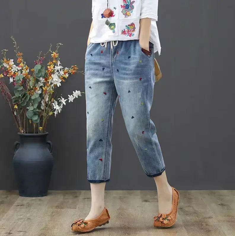 Womens Vintage Floral Loose Denim Pants 2025 Spring Chinese Style Casual Ripped Blue Jeans Holes Elastic Harem Trousers - AIAZ