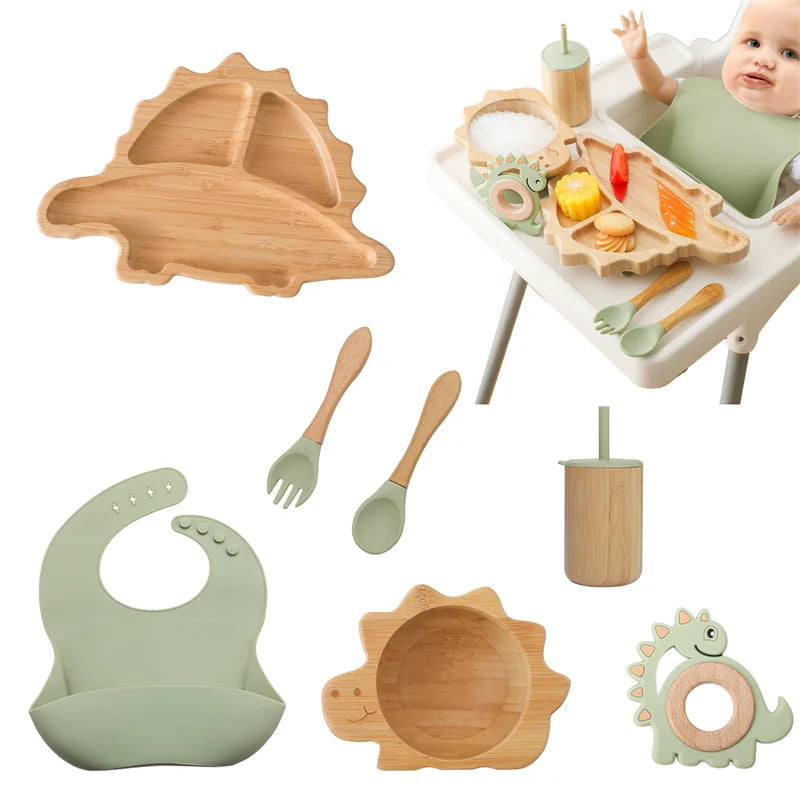 7pcs Silicone Baby Feeding Set Baby Feeding Supplies Kids Bamboo Dinnerware With Cup Children's Dishes Bowl Stuff Tableware Gift