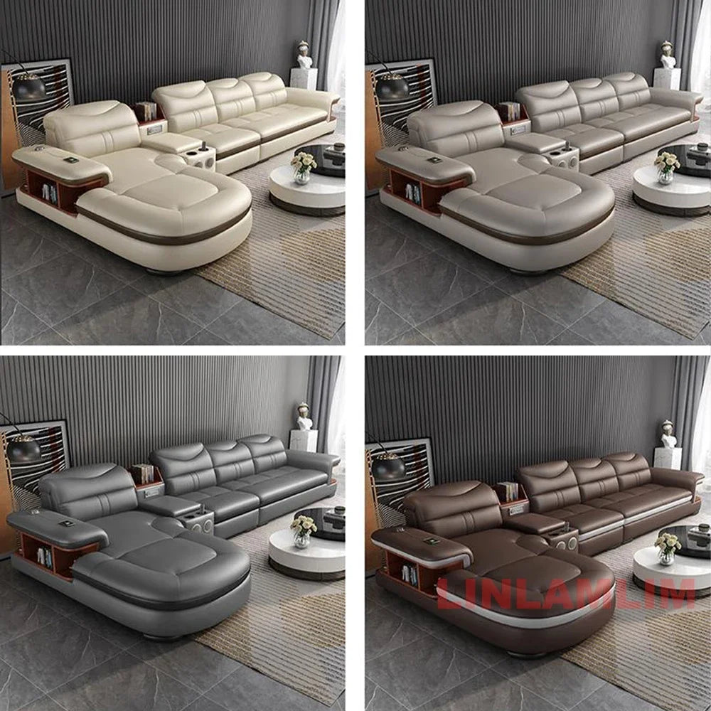 Modern L-Shaped Sectional Sofa with Chaise, Luxury Italian Genuine Leather Couch with adjustable headrest, Storage, USB, Console