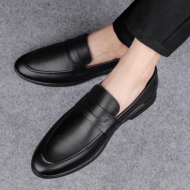 Classics Men's Brown Business Officially Shoes Leather Wedding Party Shoes for Men Quality Loafers Genuine Leather Pointed Shoes - AIAZ