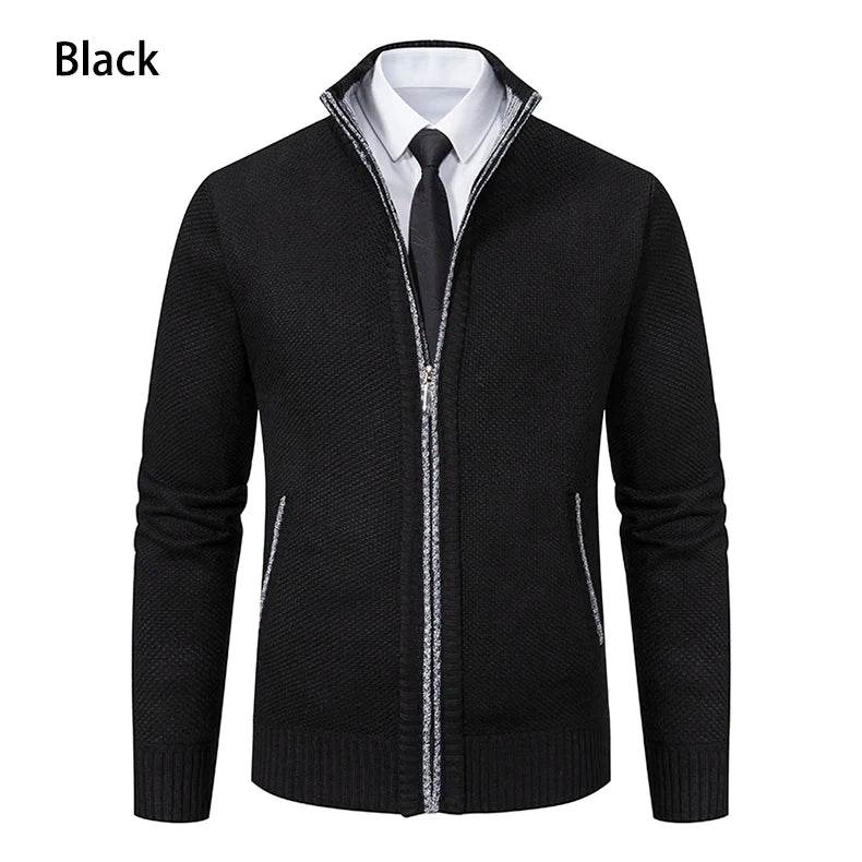 Autumn And Winter New Jersey Men's Casual Sports Coat Solid Color Stand Collar Wweater Grab Fleece Warm Zipper Cardigan - AIAZ