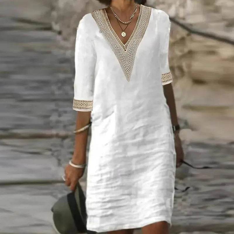 Women Cotton Linen Dress 2025 Summer Sexy V-neck White Dress Elegant Luxury Casual Solid Color Mid-Sleeve Female Y2k Streetwear - AIAZ