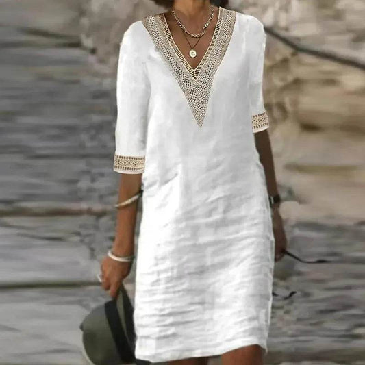Women Cotton Linen Dress 2025 Summer Sexy V-neck White Dress Elegant Luxury Casual Solid Color Mid-Sleeve Female Y2k Streetwear - AIAZ