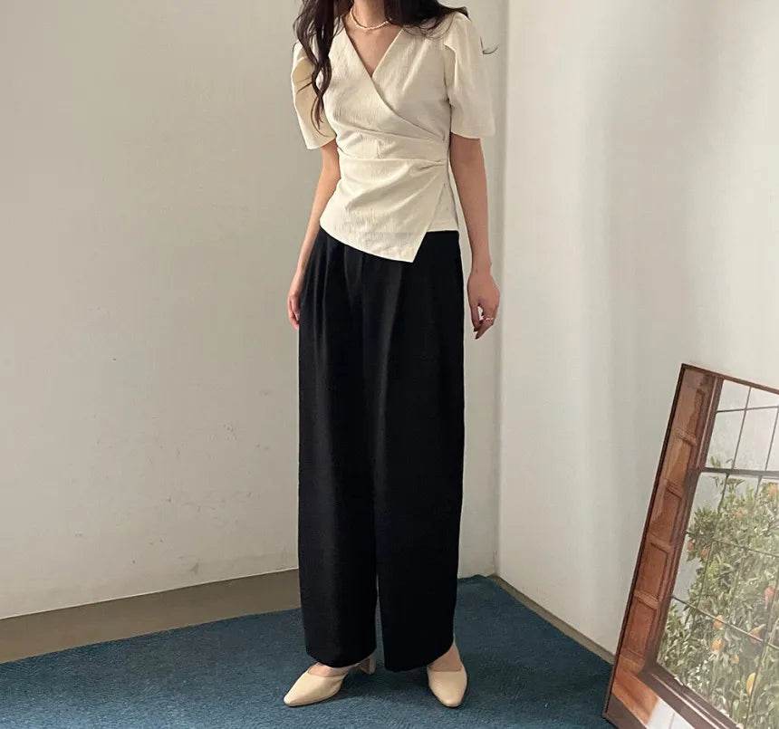 Women Blouse 2025 Spring Summer Solid Tucked V Neck Slim Blouse Elegant Short Sleeve Asymmetrical Top For Women Hot Sale - AIAZ