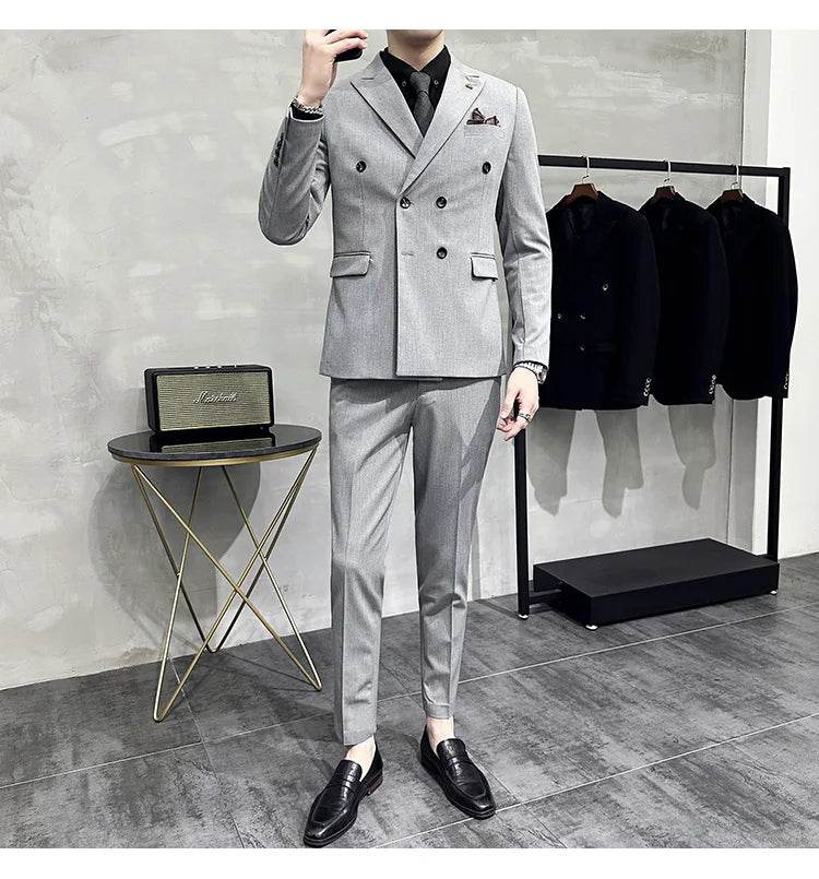 Jackets + Pants / Groom's Wedding Dress Best Fashion Mans Double -breasted Suit Blazer Trousers Male Formal Business Office Suit - AIAZ