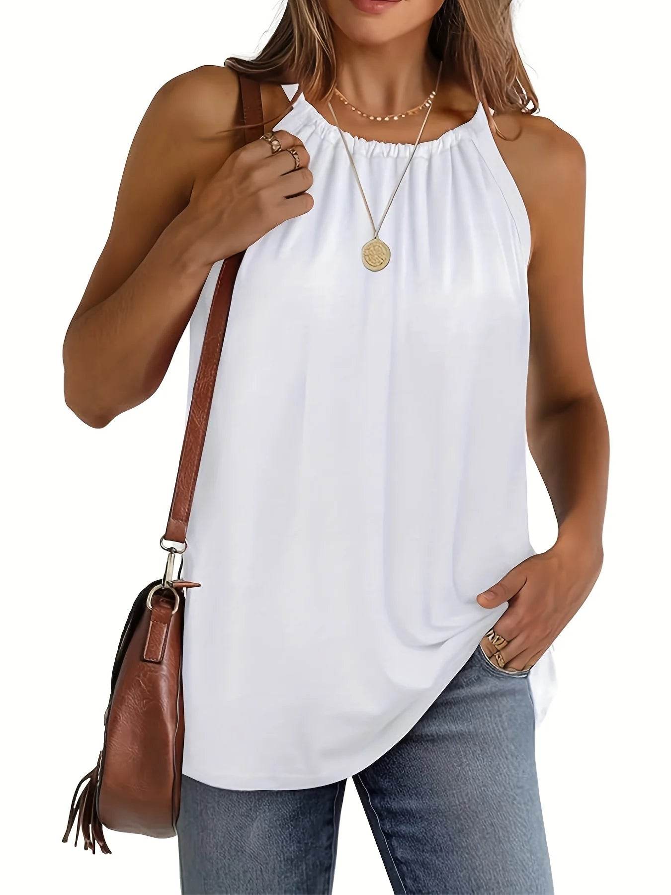 Summer Tops For Women Tops Casual Tunic Tops To Wear With Leggings Womens Blouse Halter Tank Tops Summer High Neck Sleeveless - AIAZ