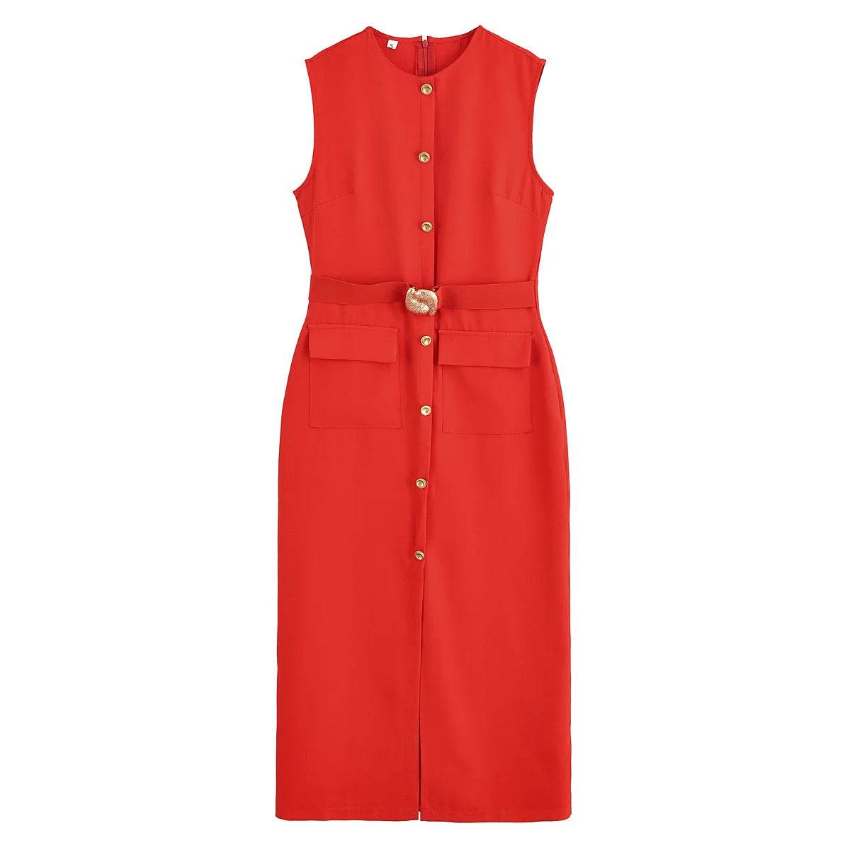MUJER 2025 Womens Dresses Black Office Long Dresses for Women Spring Sleeveless Midi Dress Woman Belt Button Women's Dress Vest - AIAZ