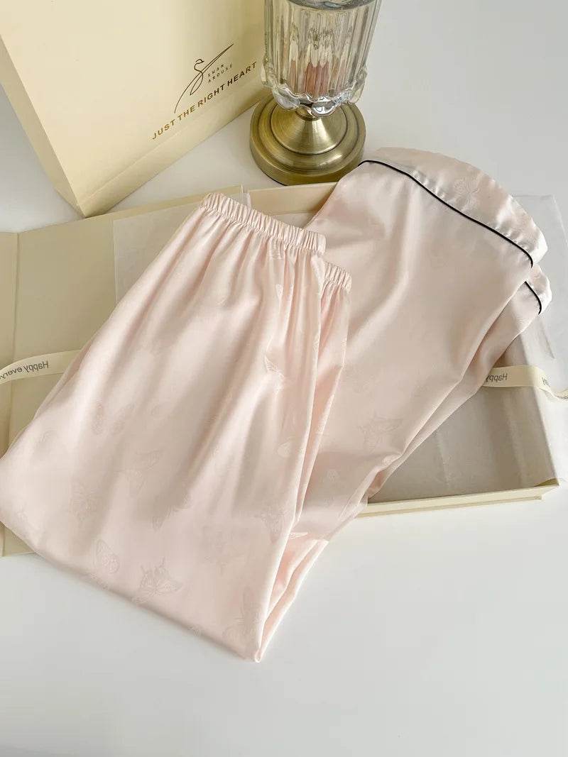 Summer Short Sleeve Pajamas Set Trouser Suits Women Sleepwear Elegant Pink Jacquard Butterfly Pyjama Pour Femme Satin Homewear - AIAZ