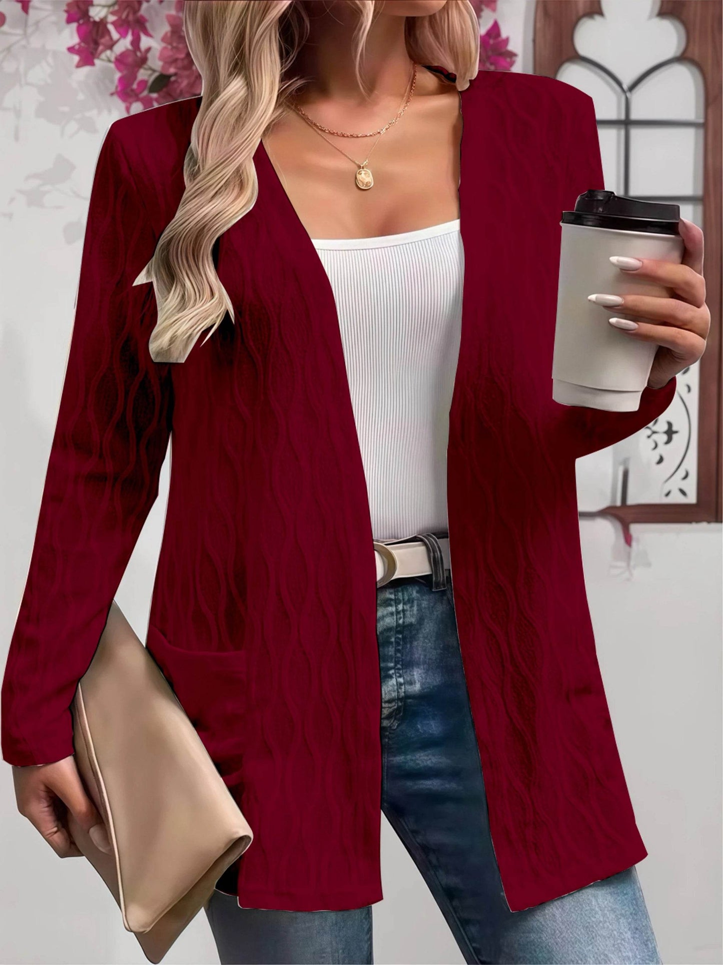 Comfy Fall Cardigan for Women, Casual Elegant Solid Textured Fabric Pocket Front Open Women's Loose Cover Up - AIAZ