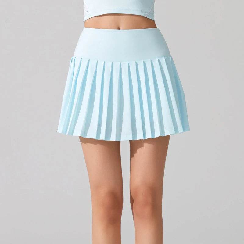 Women Summer Tennis Skirt Solid Color Pleated 2 In 1 Running Skirt Breathable Quick Dry Pocket Badminton Skirt Short Sportswear - AIAZ
