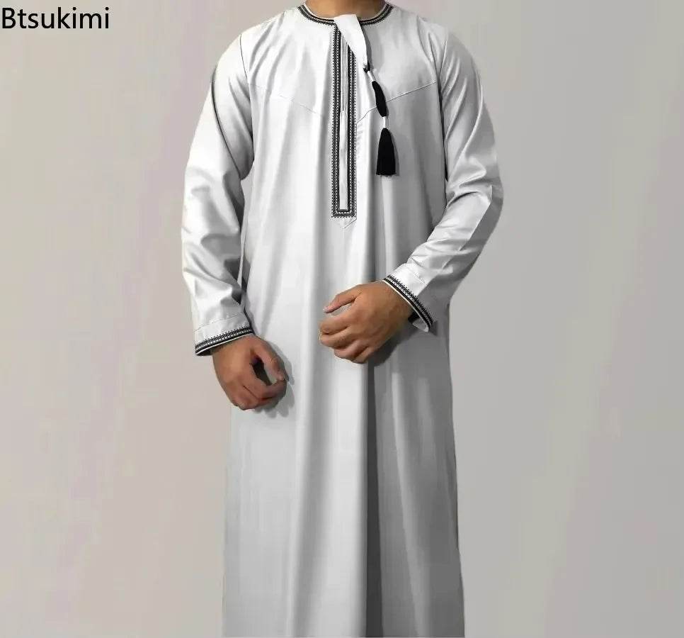 New Men's Muslim Fashion Abayas Dress O Neck Long Sleeve Pullover Kaftan Pakistan Saudi Arab Caftan Islamic Clothing Prayer Robe - AIAZ