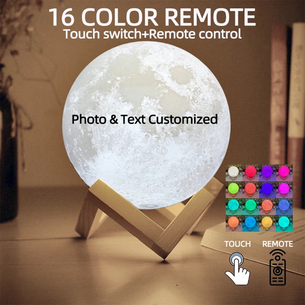 Customized 3D Printing Moon Lamp Personalized Photo Text Night Light USB Rechargeable Gift for Birthday Mother's Valentine Day