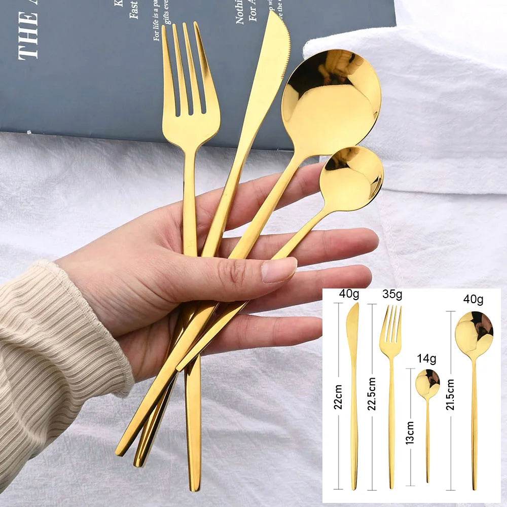 24Pcs Black Handle Golden Cutlery Set Stainless Steel Knife Fork Spoon Tableware Flatware Set Festival Kitchen Dinnerware Gift - AIAZ