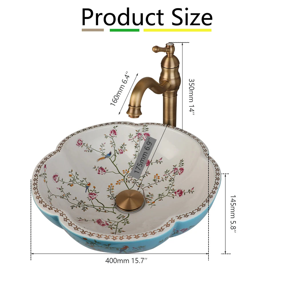 ZAPPO Above Counter Ceramic Vessel Sink For Bathroom Round Petal Shaped Flower & Bird Pattern Wash Basin Bowl Sinks With Faucet