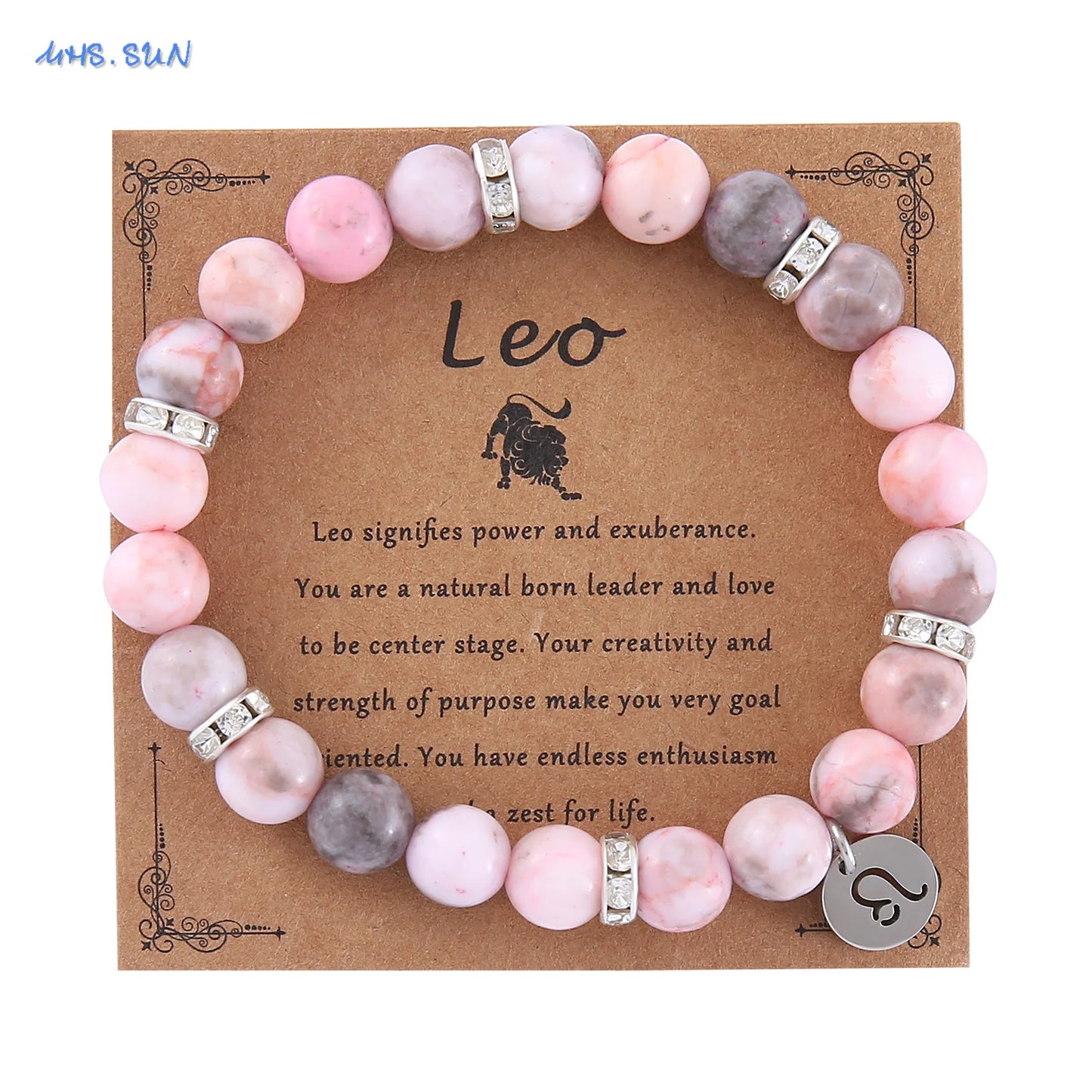 MHS.SUN 12 Star Zodiac Sign Pink Zebra Stone Beaded Bracelets Constellation Fashion Birthday Party Jewelry For Women Men