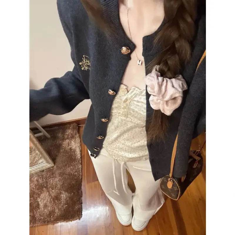 Gray Cardigan Sweater Women Loose Short Knit Coat For Spring And Autumn - AIAZ