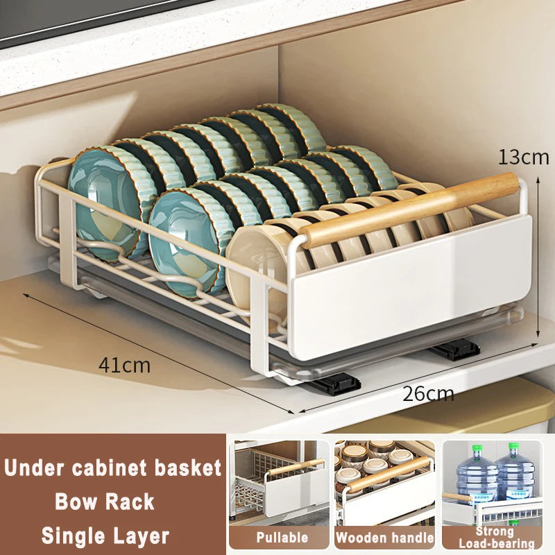 Under Sink Storage Rack Pull out Cabinet Organizer Kitchen Sliding Drawer Storage Basket Handle Bowl Plate Rack Holder Shelves