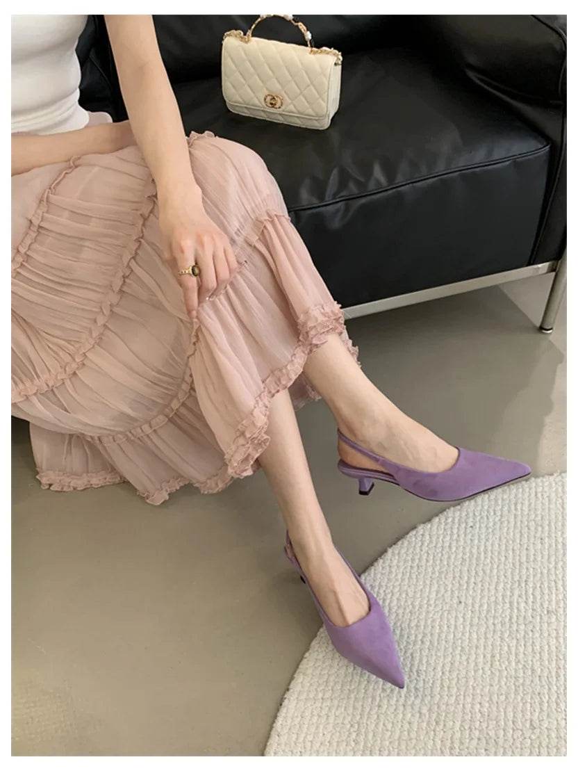Fashion Brand Slingback Sandals Women Med Heels Pumps Elegant Pointed Toe Female Mules Dress Slides Sandalias Mujer Verano Mujer - AIAZ