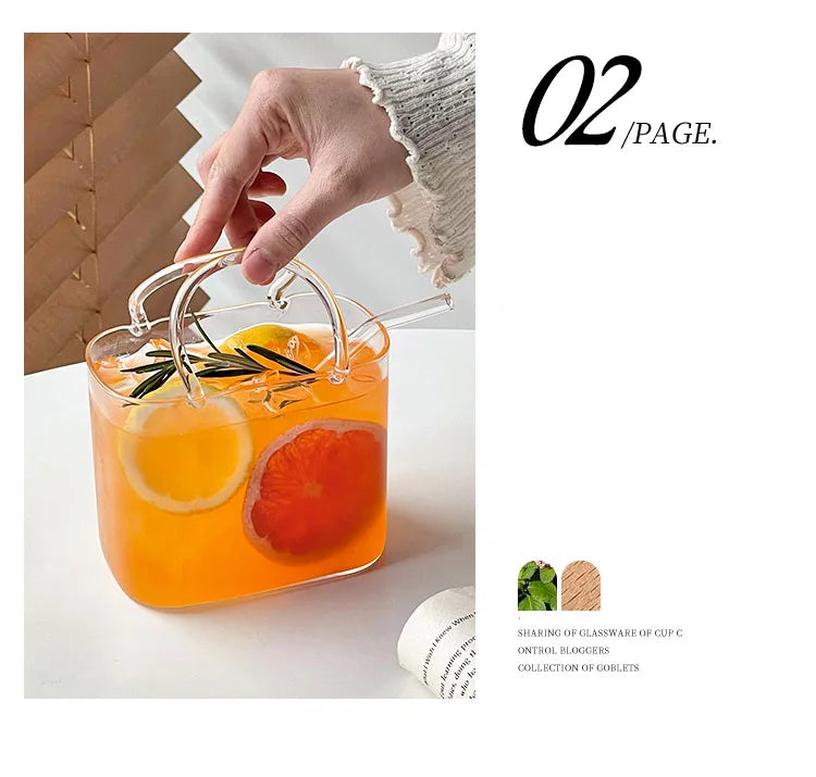 770 Ml Handbag Glass Beverage Cup Cocktail Glass Wine Cups with Straw Creative Fruit Tea Juice Mug for Home Special Drinkware