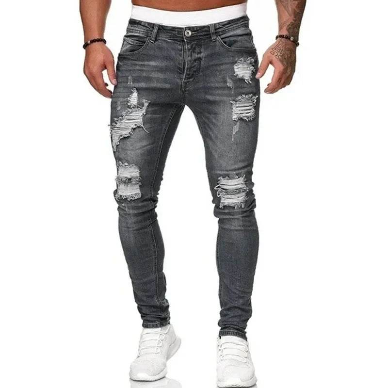 Fashion Street Style Ripped Skinny Jeans Men Vintage wash Solid Denim Trouser Mens Casual Slim fit pencil denim Pants hot sale - AIAZ