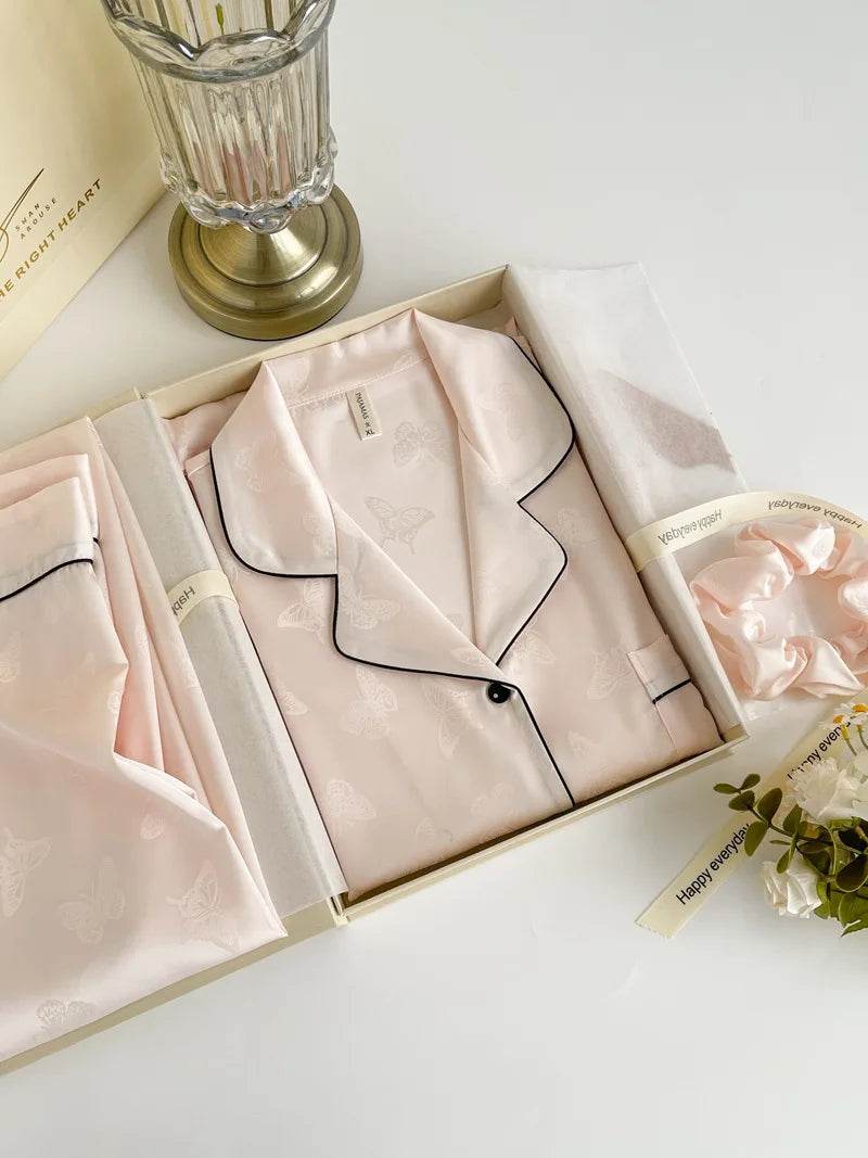 Summer Short Sleeve Pajamas Set Trouser Suits Women Sleepwear Elegant Pink Jacquard Butterfly Pyjama Pour Femme Satin Homewear - AIAZ