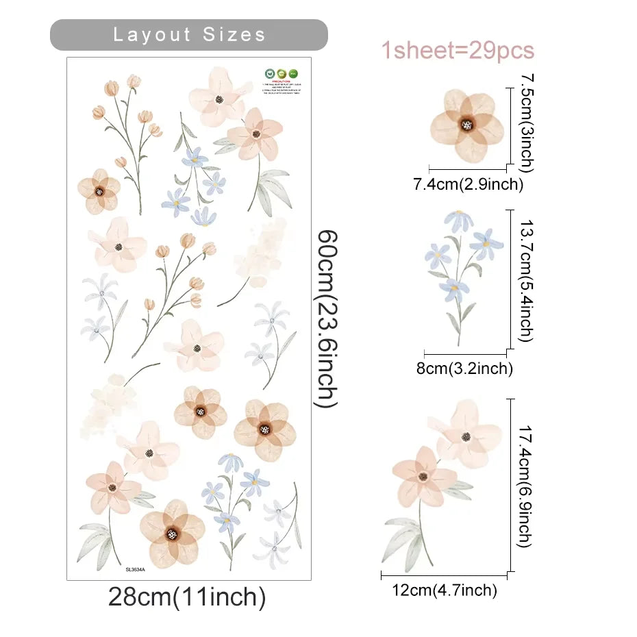 Boho Flowers Wall Stickers Child Watercolor Bedroom Living Room Home Decor Art Eco-frienly Removable Decals PVC Murals